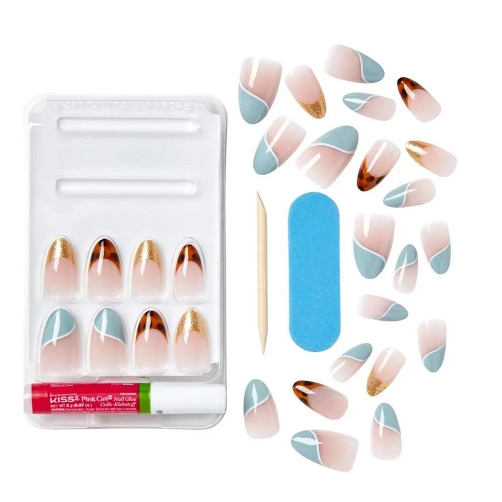 KISS Voguish Fantasy Press-On Glue Nails – French Designs, Medium – New in box
